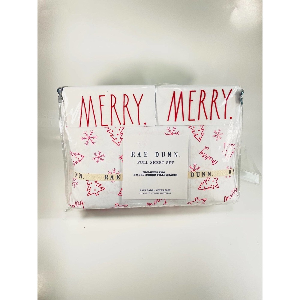 Rae Dunn Merry Full Size Bed Sheet Set Christmas Holidays Snowflakes White Red